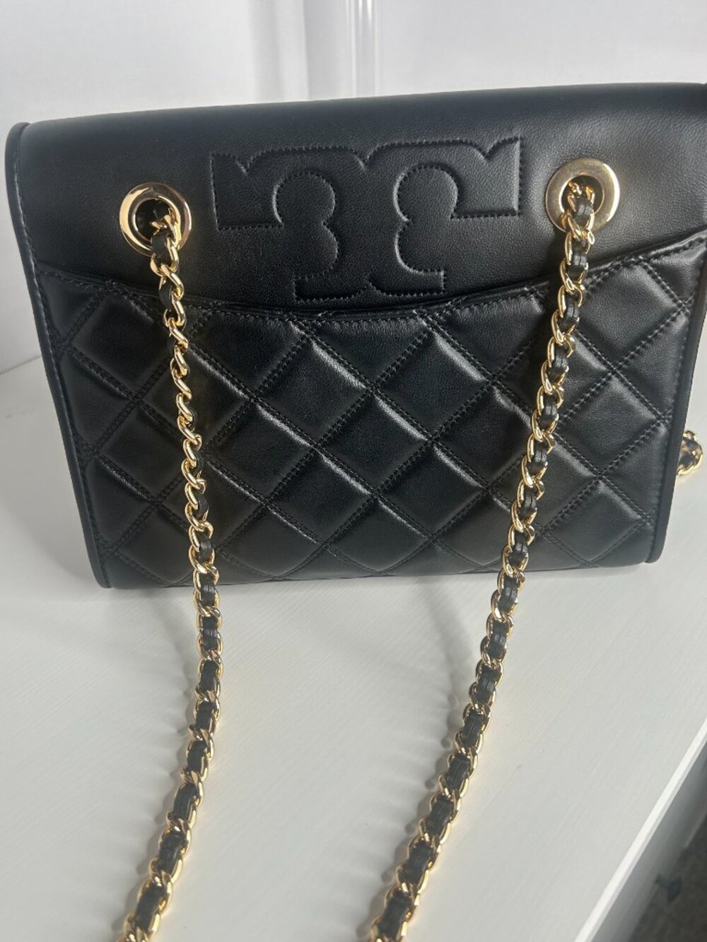 Tory Burch Savannah Black Quilted Leather Convertible Shoulder Bag Gold Chain